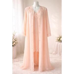 Vintage Shadowline Peignoir Set | Pink Nylon Robe & Nightgown | Lace Trim Sz S